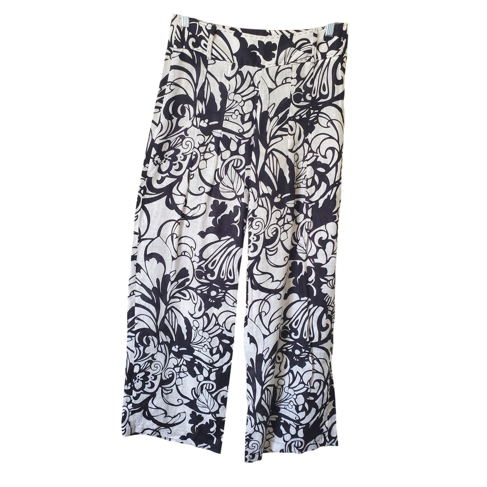 Elie Tahari Womens 2 Black White Floral  100% Linen Wide Leg Pants Palazzo Pleat